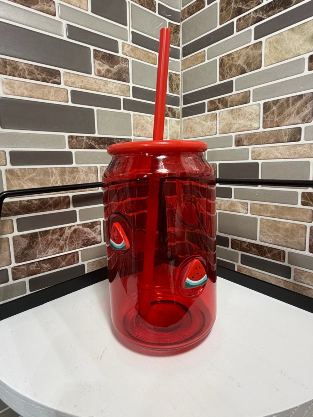 Glass Watermelon Tumbler with Red Lid & Straw